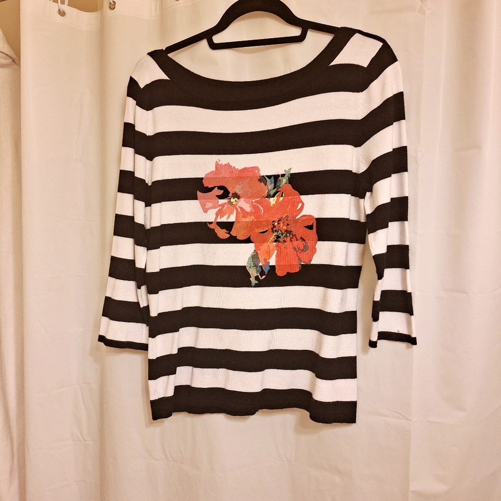❤️Venini Sweater SZ XL Black White Pink Pull-Over Striped Top Floral 3/4 Sleeved - Picture 5 of 12